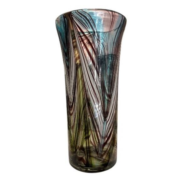 Murano Glassware Tall Brown White Blue Hand Blown Glass Vase - Picture 3 of 10